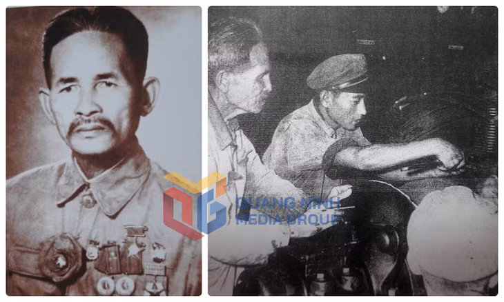 Di ảnh Anh hùng Lao động Lê Văn Hiển (ảnh trái); Anh hùng Lê Văn Hiển hướng dẫn một người thợ trẻ. Ảnh: Tư liệu của Công ty Tuyển than Cửa Ông.