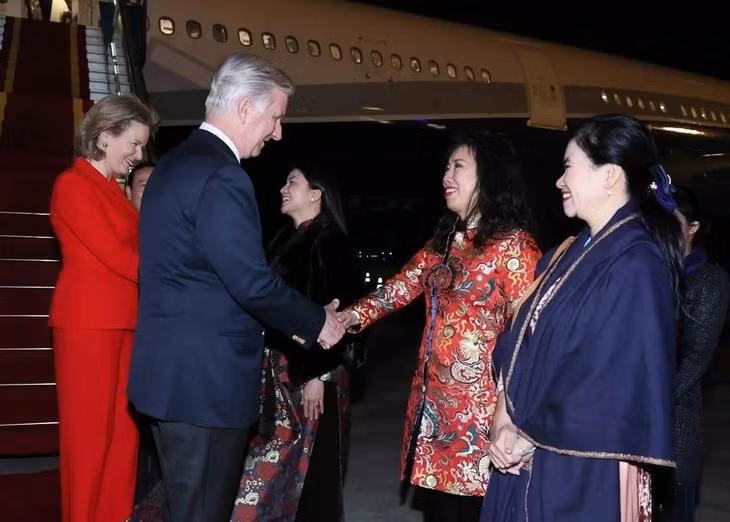 Đại biểu đón Nhà vua Bỉ Philippe và Hoàng hậu Mathilde tại sân bay quốc tế Nội Bài. (Ảnh: An Đăng/TTXVN)