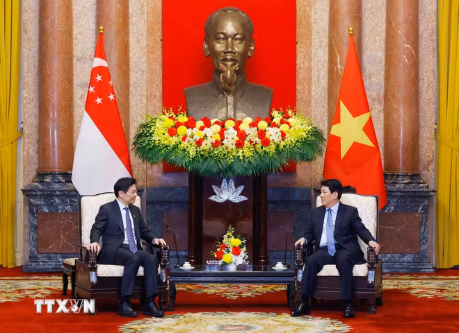 Chủ tịch nước Lương Cường tiếp Thủ tướng Singapore Lawrence Wong. (Ảnh: Lâm Khánh/TTXVN)