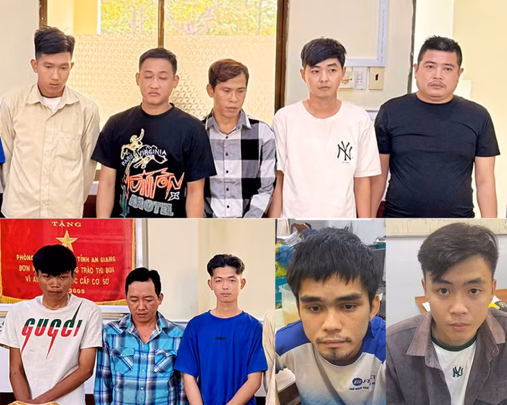 Nhóm đối tượng bị khởi tố về tội “Đánh bạc” và “Tổ chức đánh bạc“. Ảnh: Công an tỉnh An Giang