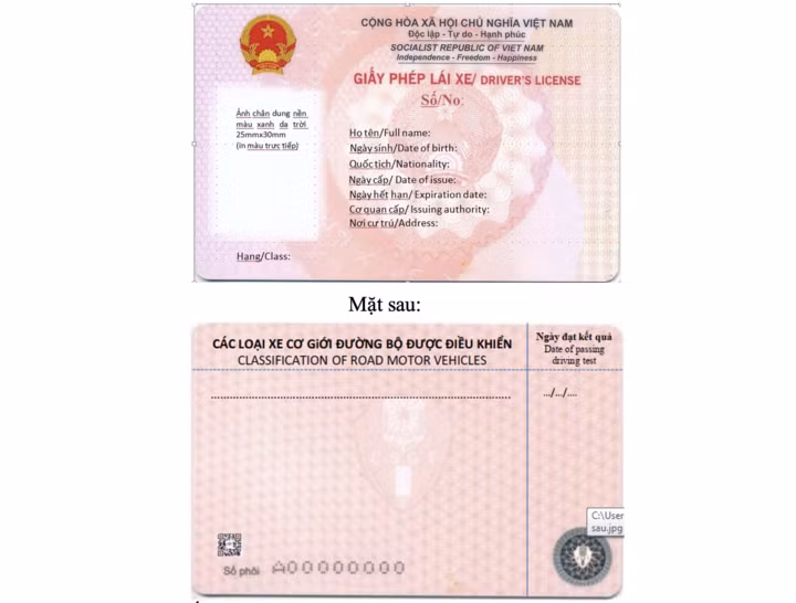 Mặt trước và mặt sau mẫu giấy phép lái xe mới.