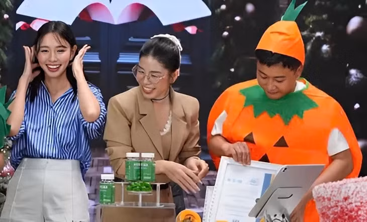 Thùy Tiên trong một lần livestream cùng Hằng Du Mục, Quang Linh.