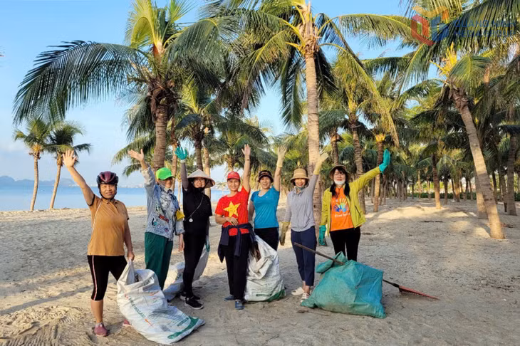 Chị Vũ Thị Hồng Thoan (thứ 4, phải sang) cùng các tình nguyện viên nhóm "Chiến binh diệt rác" thu gom rác thải tại bãi tắm trên địa bàn phường Bãi Cháy (TP Hạ Long).