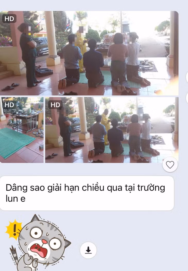 Hình ảnh thầy cô, nhân viên lan truyền việc cúng giải hạn ở trường - Ảnh bạn đọc chụp màn hình