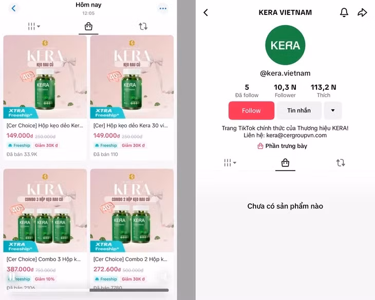 Trang chính thức của kẹo rau củ Kera bán trên TikTok Shop vào trưa nay vẫn còn hiển thị sản phẩm (trái), nhưng chiều nay đã biến mất (phải) - Ảnh: Chụp màn hình