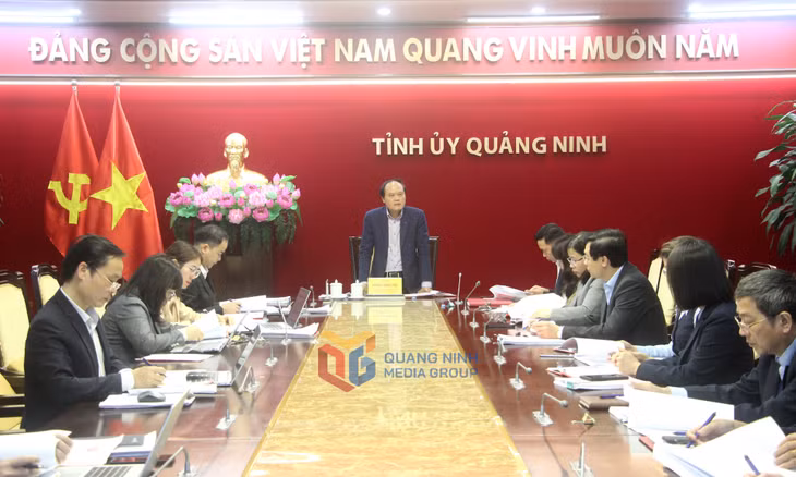 Đồng chí Hoàng Quang Hải, Phó Bí thư Đảng ủy chuyên trách các cơ quan Đảng tỉnh, phát biểu tại buổi làm việc.