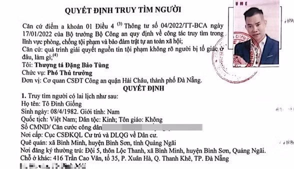 Quyết định truy tìm người của Công an quận Hải Châu đối với Tô Đình Giống.
