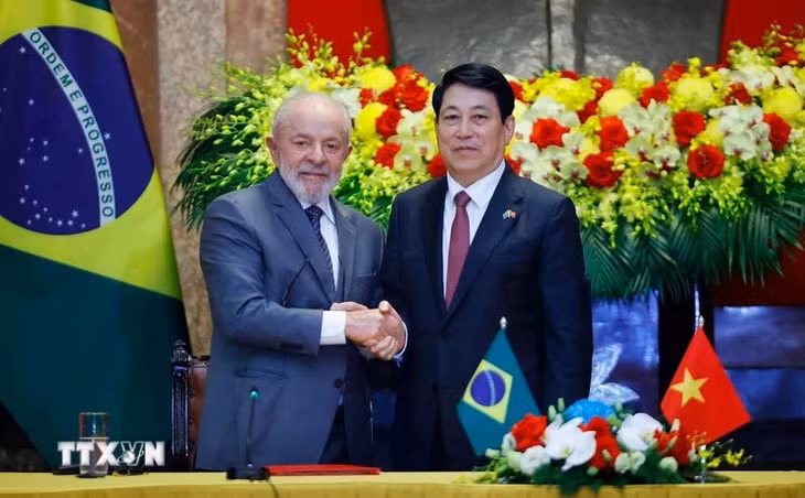 Chủ tịch nước Lương Cường và Tổng thống Cộng hòa Liên bang Brazil Luiz Inácio Lula da Silva gặp gỡ phóng viên các cơ quan thông tấn, báo chí. (Ảnh: Lâm Khánh/TTXVN)
