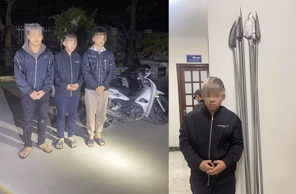 Nhóm đối tượng và vũ khí tự chế bị công an tam giữ. Ảnh: CA cung cấp