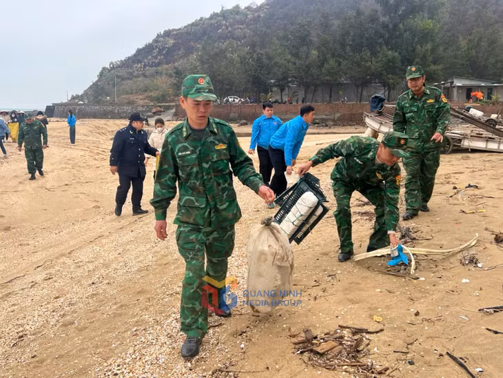 ĐVTN các đơn vị tham gia dọn vệ sinh môi trường bãi biển.