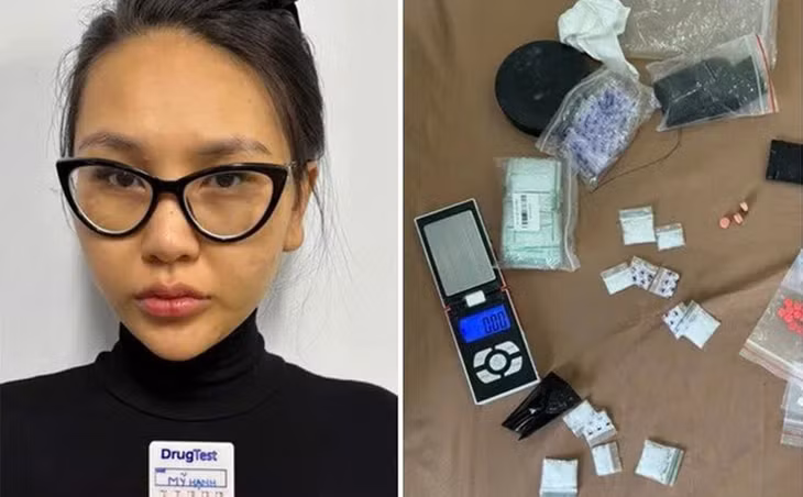Đỗ Thị Mỹ Hạnh cùng tang vật ma túy cùng các công cụ có liên quan