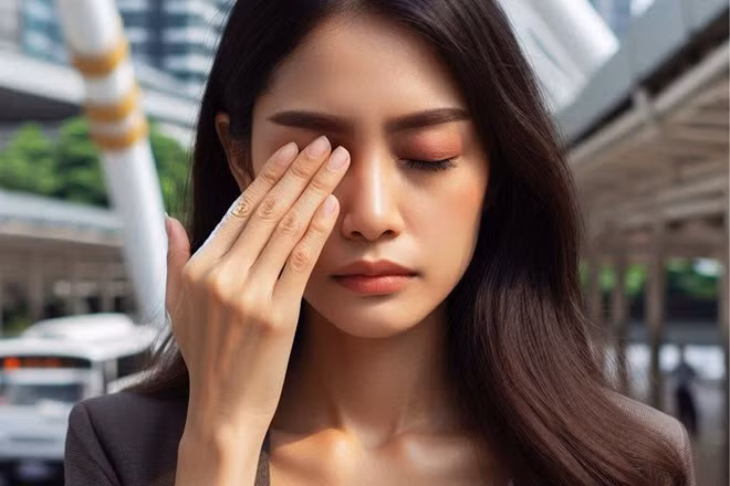 Triệu chứng của khô mắt bao gồm mắt đỏ dai dẳng, cảm giác nóng rát, ngứa, nhạy cảm với ánh sáng, cùng với mỏi và áp lực mắt. Ảnh - AI: Cát Tiên