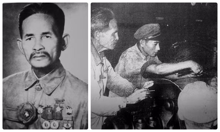 Anh hùng Lao động Lê Văn Hiển (ảnh trái); Anh hùng Lê Văn Hiển hướng dẫn một người thợ trẻ. (Ảnh tư liệu).