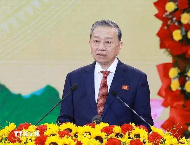 Tổng Bí thư Tô Lâm phát biểu tại lễ kỷ niệm. (Ảnh: TTXVN)