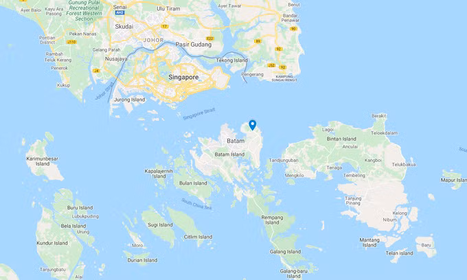 Vị trí trung tâm hàng hải (đánh dấu xanh) do Indonesia hợp tác với Mỹ xây dựng trên đảo Batam. Đồ họa: Google.