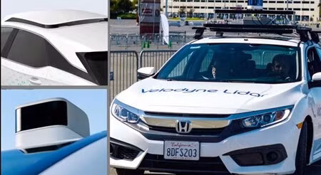 Cảm biến lidar Velodyne trên một chiếc xe tự lái thử nghiệm ở California (bên phải) và hình ảnh minh họa lidar của Luminar (phía trên bên trái) và lidar của Aeva. Ảnh: Reuters