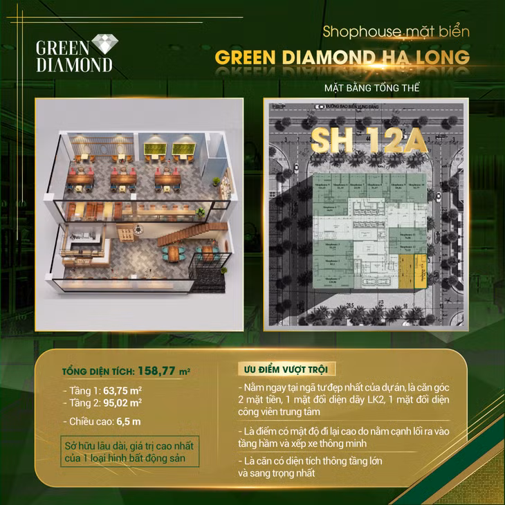 Shophouse khối đế Green Diamond có thiết kế thông minh, diện tích đa dạng phù hợp nhu cầu phong phú của khách hàng. Ảnh: Một căn shophouse khối đế của dự án.
