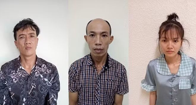 Bùi Trọng Vinh, Nguyễn Văn Út và Nguyễn Thị Tú Anh tại cơ quan điều tra (từ trái sang phải).