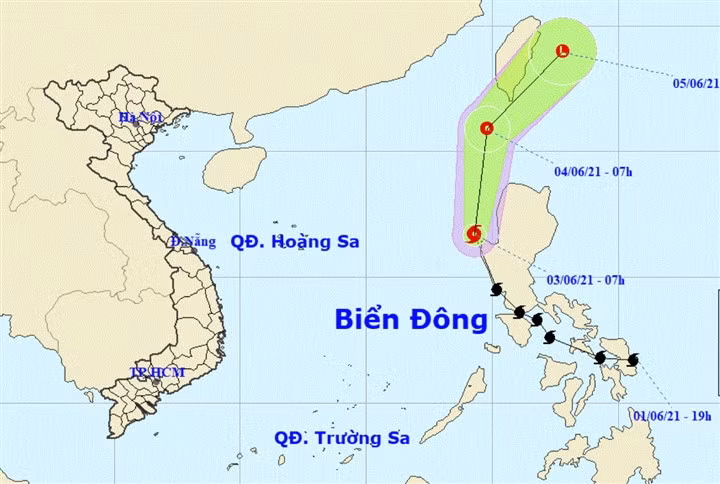 Vị trí và hướng di chuyển của bão số 1.