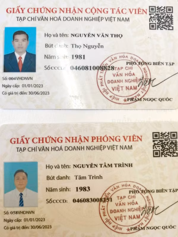 Giấy chưng nhận phóng viên và cộng tác viên của các đối tượng.
