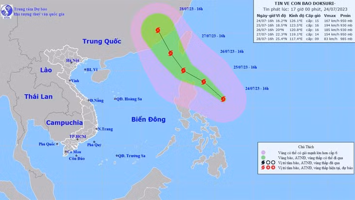 Vị trí và hướng di chuyển của bão Doksuri. (Nguồn: nchmf.gov.vn)