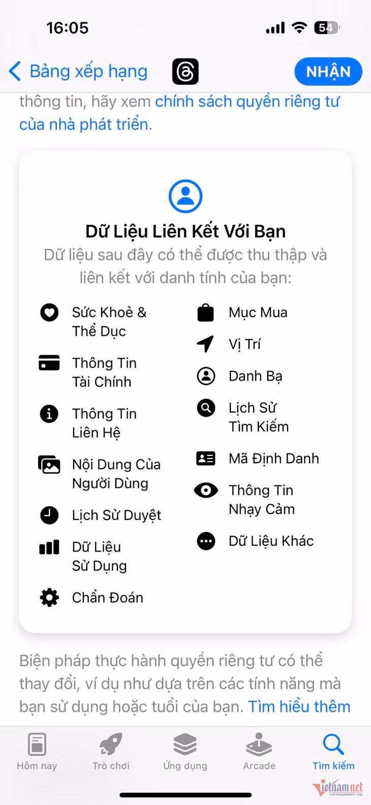 Danh sách dữ liệu người dùng mà ứng dụng Threads của Meta thu thập. (Ảnh chụp màn hình)