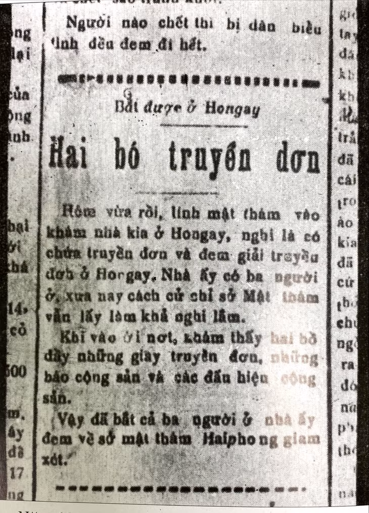 Tin đăng trên báo Đông Pháp, mật thám đã bắt được nhiều truyền đơn và báo chí cộng sản ở Hòn Gai năm 1930. Ảnh: Tin của báo Đông Pháp