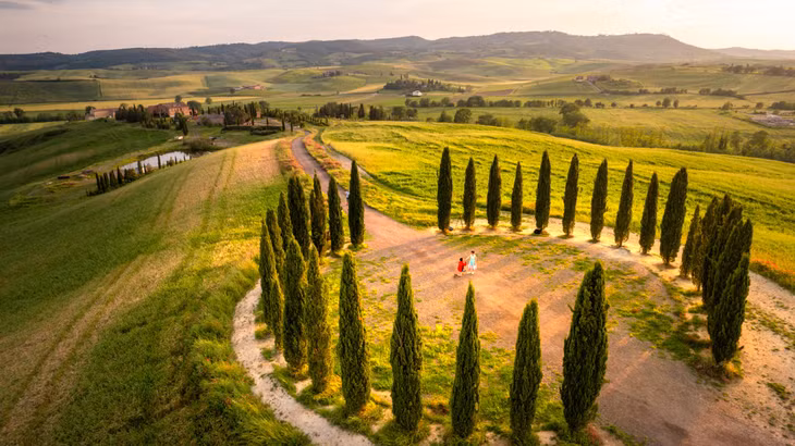 Val D'Orcia được coi là hình ảnh tiêu biểu của của vùng Tuscany. Đây là một thung lũng ở phía đông bắc, bắt nguồn từ tên của con sông Orcia chảy qua thung lũng trước khi đổ vào sông Ombrone, sông Maremma. Trên ảnh là hàng cây hình cây đàn nổi tiếng nhất ở Tuscany tại Punto panoramico sulla val D'Orcia vào buổi hoàng hôn.