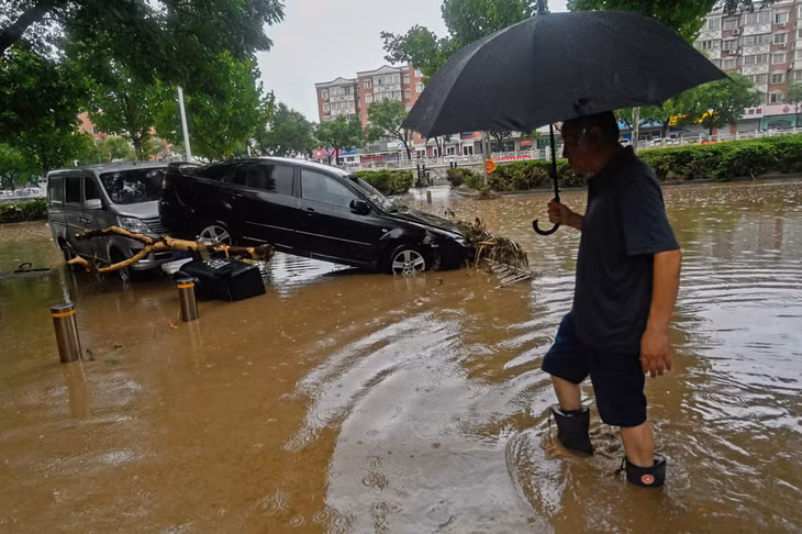 Mưa lớn làm cành cây gãy đổ và ô tô mắc kẹt tại quận Môn Đầu Câu, Bắc Kinh ngày 31-7 - Ảnh: AFP