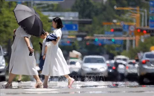 Người dân che ô tránh nắng khi di chuyển trên đường phố ở Gwangju, Hàn Quốc, ngày 15/6/2023. (Ảnh: Yonhap/TTXVN)