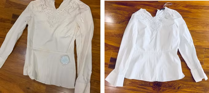 Hình ảnh chiếc áo hiệu Massimo Dutti trước và sau khi được tẩy trắng. Ảnh: Tần Vũ