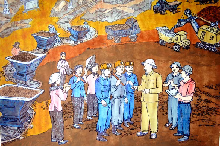 Bức tranh khắc gỗ “Bác Hồ với công nhân mỏ” của họa sĩ Vũ Tư Khang.