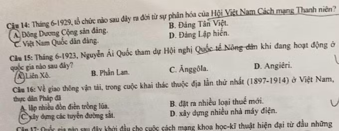 Nội dung câu hỏi liên quan tới sự kiện Nguyễn Ái Quốc tham dự Hội nghị Quốc tế Nông dân trong đề thi tốt nghiệp THPT 2023 môn lịch sử (Ảnh: Vietnamnet)