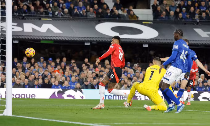 Tình huống Marcus Rashford (trái) mở tỷ số cho Man Utd trước Ipswich Town trên sân Portman Road, vòng 12 Ngoại hạng Anh ngày 24/11/2024. Ảnh: Guardian