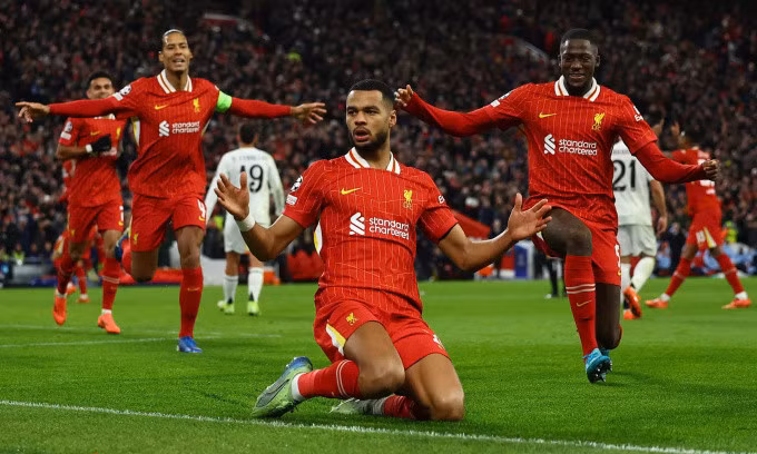 Tiền đạo Cody Gakpo mừng bàn trong trận Liverpool thắng Real trên sân Anfield, thành phố Liverpool, Anh tối 27/11/2024. Ảnh: Reuters