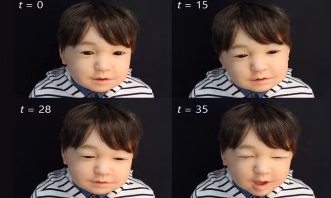 Robot trẻ em với biểu cảm buồn ngủ chân thực. Ảnh: Hisashi Ishihara