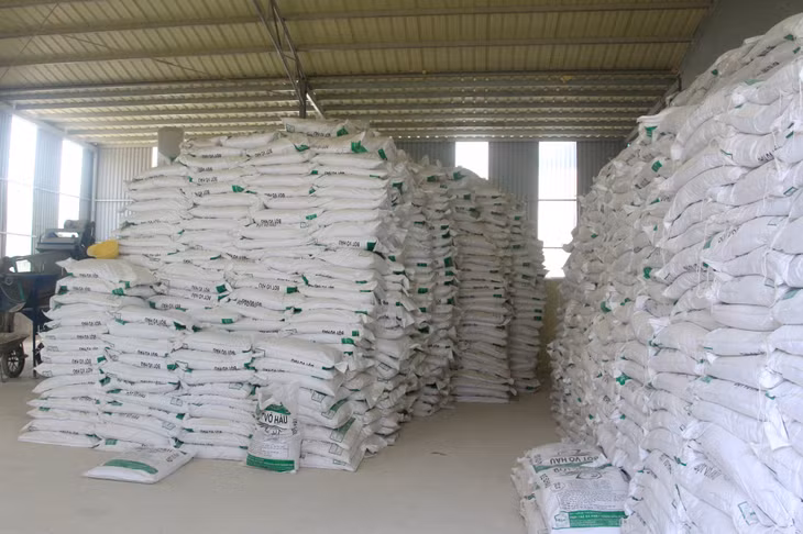 Sản phẩm thức ăn chăn nuôi và phân bón được chế biến từ vỏ hàu, đóng bao bì chờ vận chuyển đi tiêu thụ. Ảnh: Mạnh Trường
