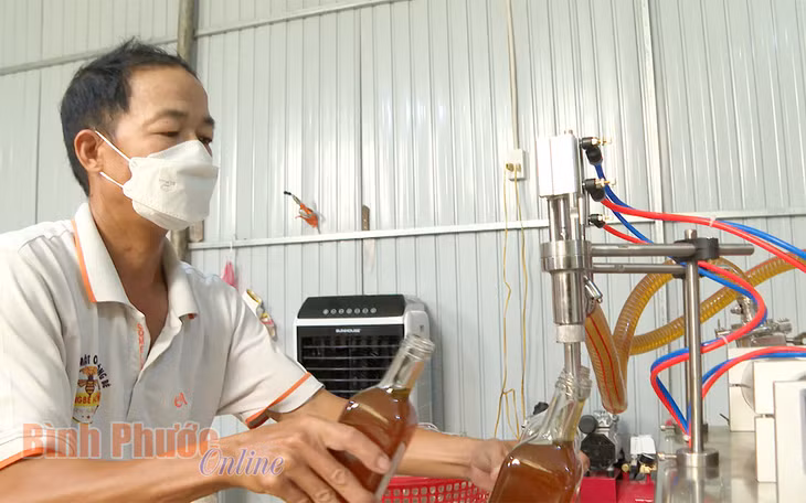Quy trình gia công, đóng chai tại cơ sở Mật ong Sông Bé, phường Tiến Thành, thành phố Đồng Xoài.