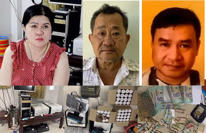 3 đối tượng cầm đầu đường dây cờ bạc: Liên, Hoàng, Nguyên cùng tang vật vụ án.