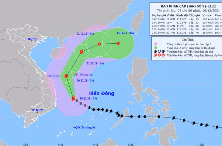 Vị trí và hướng di chuyển của bão số 9 lúc 5 giờ ngày 19/12. (Nguồn: nchmf.gov.vn)