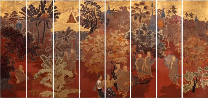 "Phong cảnh Phnom Penh" của Lê Quốc Lộc có tổng kích thước 400 x 199 cm (mỗi bức 50 x 199 cm). Ảnh: Asium