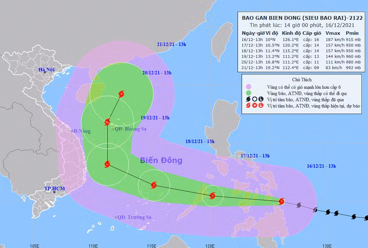 Dự báo vị trí và đường đi của bão RAI. Ảnh: Trung tâm Dự báo khí tượng thủy văn quốc gia