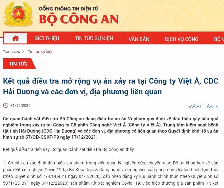 Bộ Công an thông tin kết quả điều tra mở rộng vụ án xảy ra tại Công ty Việt Á, CDC Hải Dương và các đơn vị, địa phương liên quan.