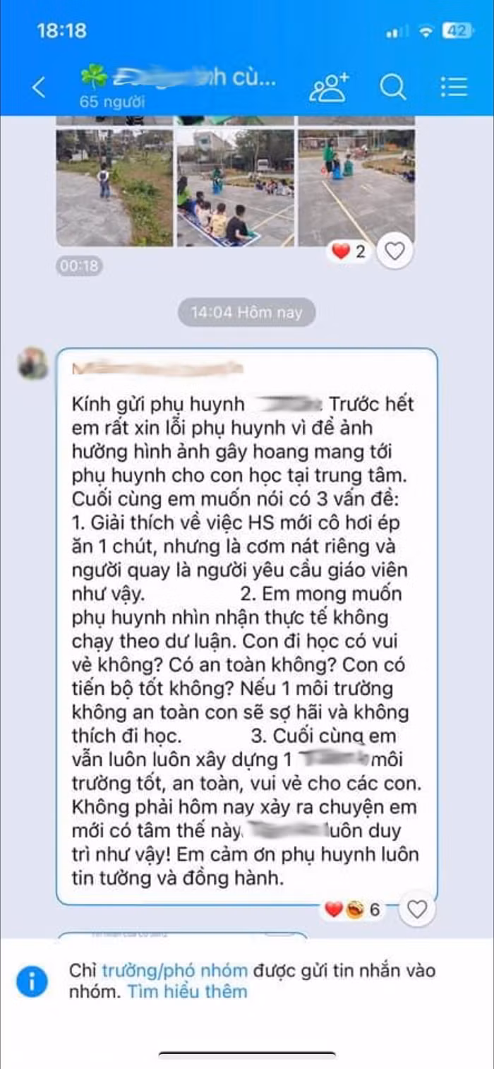 Đoạn hội thoại được cho là của chủ Trung tâm giáo dục đặc biệt Tâm An lên tiếng giải thích sự việc sau khi clip được đăng tải. Ảnh: fanpage A.D
