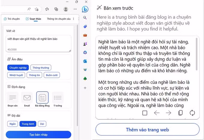 Đoạn blog được ChatGPT tạo ra theo yêu cầu mô tả về nghề làm báo (Ảnh chụp màn hình).
