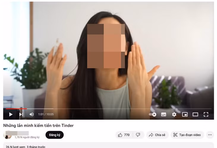 Nữ Youtuber tỏ ra tự hào khi chia sẻ việc kiếm tiền dễ dàng trên app ứng dụng hẹn hò. Ảnh: Chụp màn hình