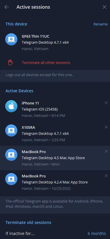 Kiểm tra các thiết bị đáng nghi đang đăng nhập Telegram.