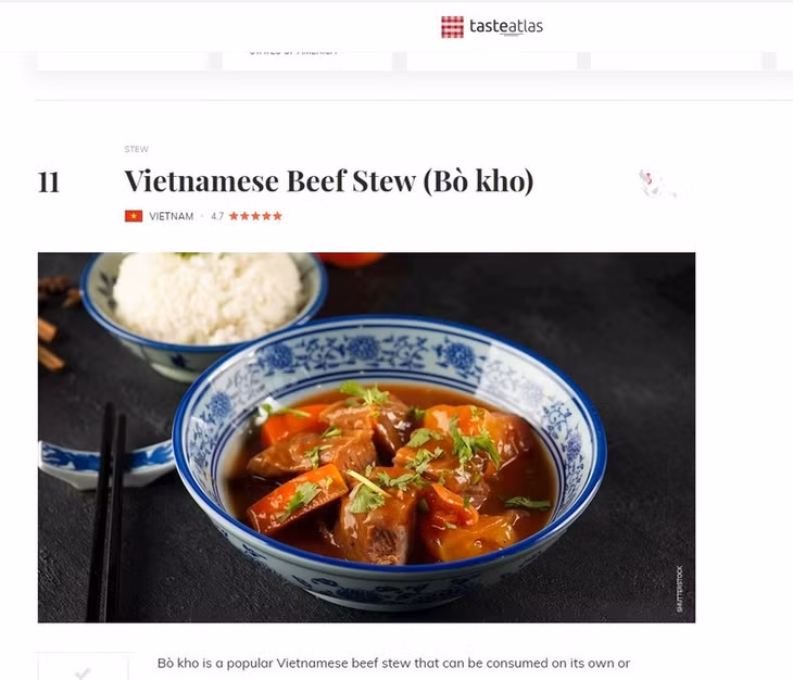Món bò kho vượt qua nhiều món ăn nổi tiếng như doner kebab, vịt quay Bắc Kinh,... xếp thứ 11/100 món ăn từ thịt ngon nhất thế giới. (Ảnh chụp màn hình)