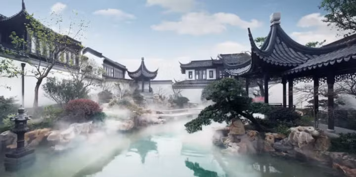 Các khu vườn - bao gồm cả ao nước phủ đầy sương mù này - được mô phỏng theo khu vườn cổ Tô Châu - được liệt kê là Di sản Thế giới của UNESCO.