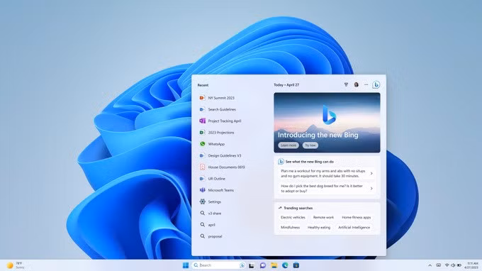 Công cụ Bing AI được tích hợp trên thanh tìm kiếm của Windows 11 (Ảnh: Microsoft).
